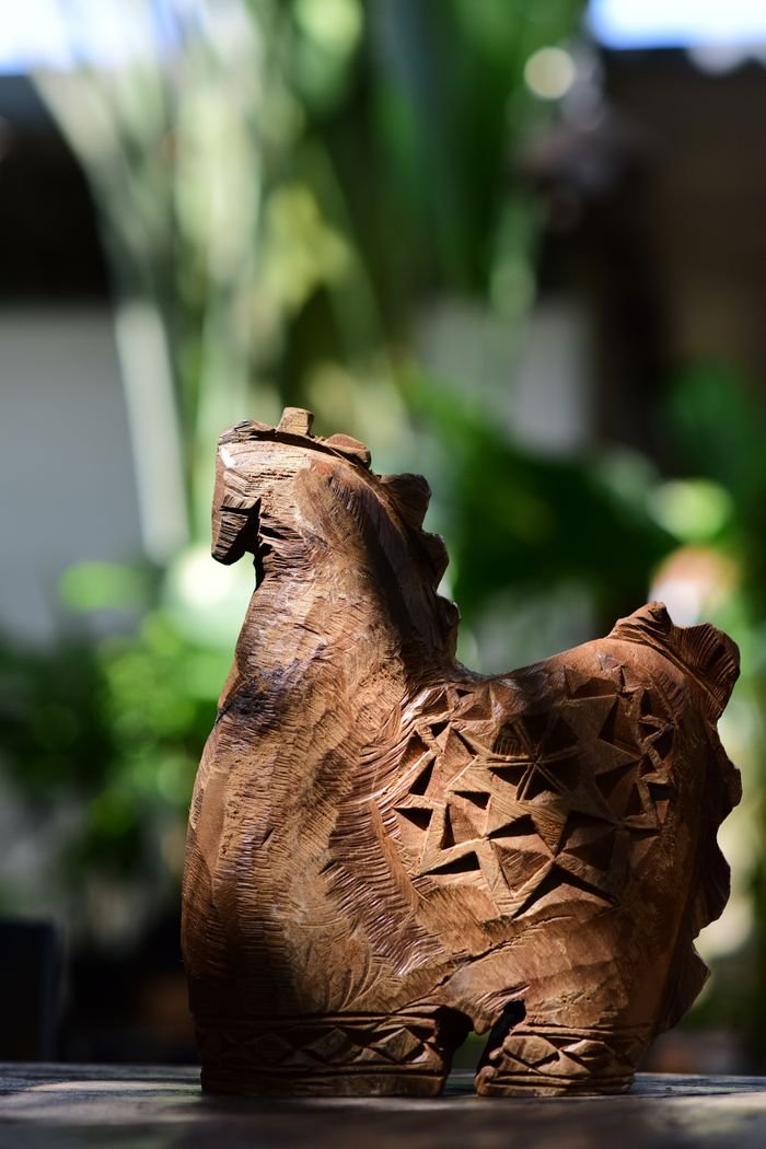 why-choose-us Detailed close-up of a carved wooden animal statue with intricate patterns, set outdoors.